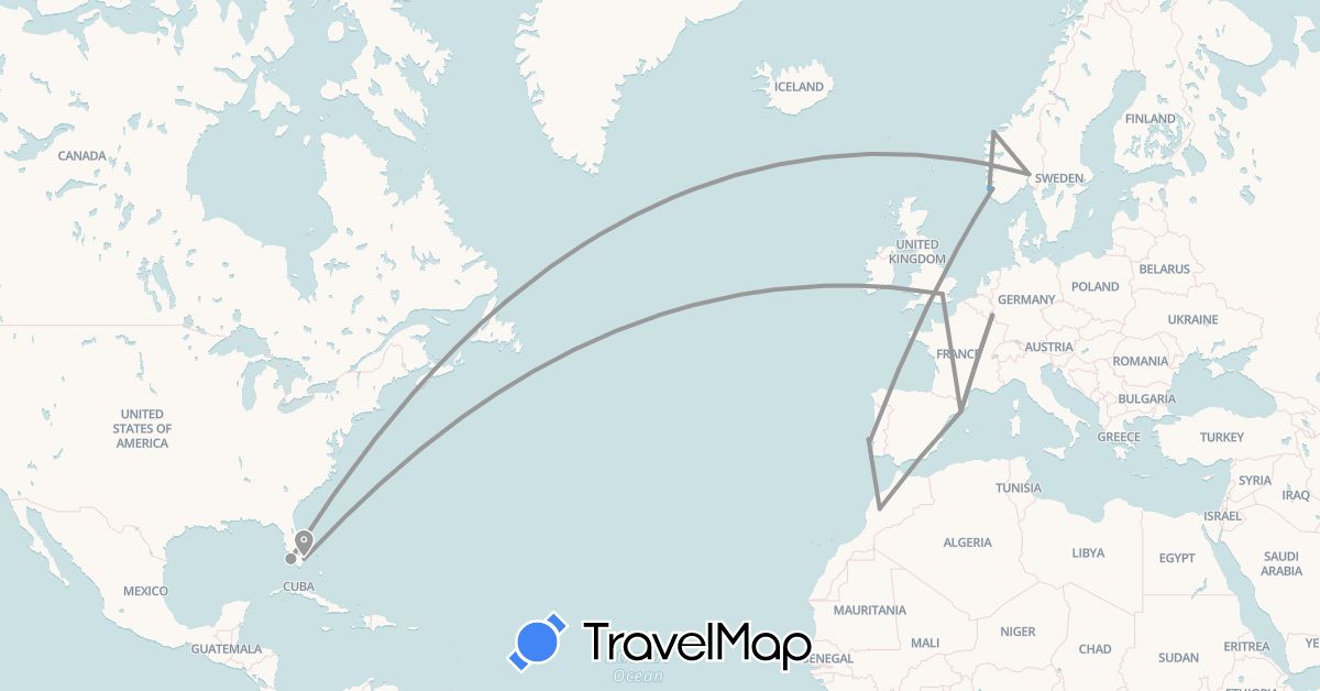 TravelMap itinerary: driving, plane, boat in Spain, United Kingdom, Luxembourg, Morocco, Norway, Portugal, United States (Africa, Europe, North America)